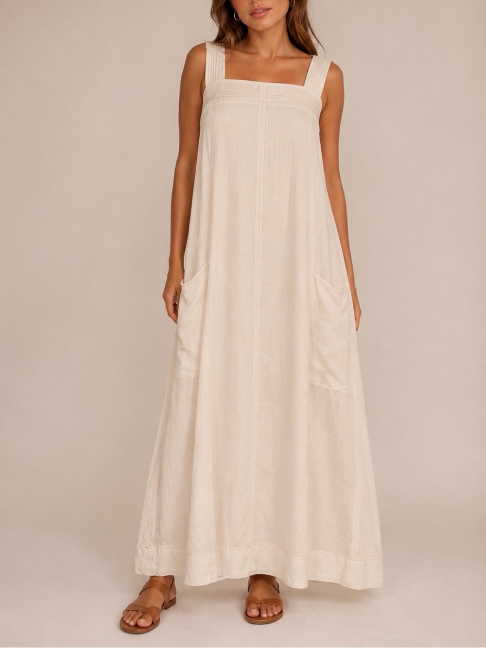 Coastal Luxury White Contrast Stitch Trapeze Maxi Dress Size M
